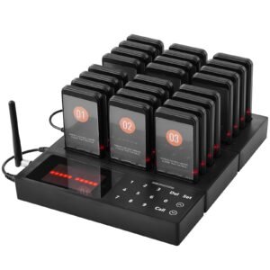 restaurant pager system, wireless 400m long range lineup waiting queue signal, guest customer calling beepers with vibration & flashing, 24 buzzers for food truck, church, nursery, hospital