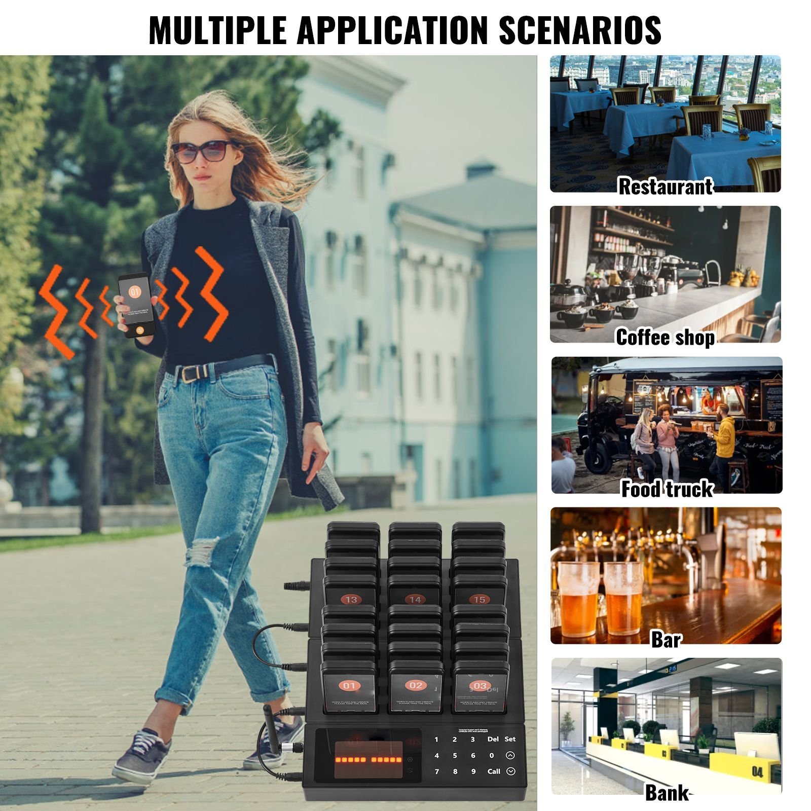 restaurant pager system, wireless 400m long range lineup waiting queue signal, guest customer calling beepers with vibration & flashing, 24 buzzers for food truck, church, nursery, hospital