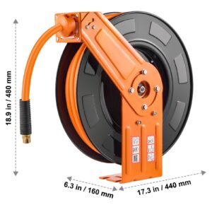 retractable air hose reel, 1/2 in x 50 ft hybrid air hose max 300psi, air compressor hose reel auto rewind with 5ft lead in, ceiling/wall mount heavy duty single arm steel reel, 1/2" npt fitting