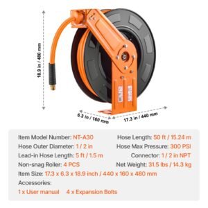 retractable air hose reel, 1/2 in x 50 ft hybrid air hose max 300psi, air compressor hose reel auto rewind with 5ft lead in, ceiling/wall mount heavy duty single arm steel reel, 1/2" npt fitting