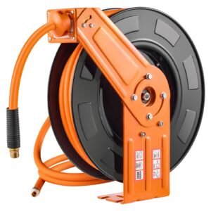 Retractable Air Hose Reel, 1/2 IN x 50 FT Hybrid Air Hose Max 300PSI, Air Compressor Hose Reel Auto-Rewind with 5FT Lead in, Ceiling/Wall Mount Heavy Duty Single Arm Steel Reel, 1/2" NPT Fitting