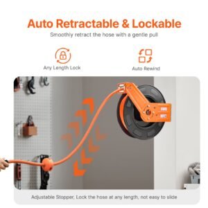 retractable air hose reel, 1/2 in x 50 ft hybrid air hose max 300psi, air compressor hose reel auto rewind with 5ft lead in, ceiling/wall mount heavy duty single arm steel reel, 1/2" npt fitting