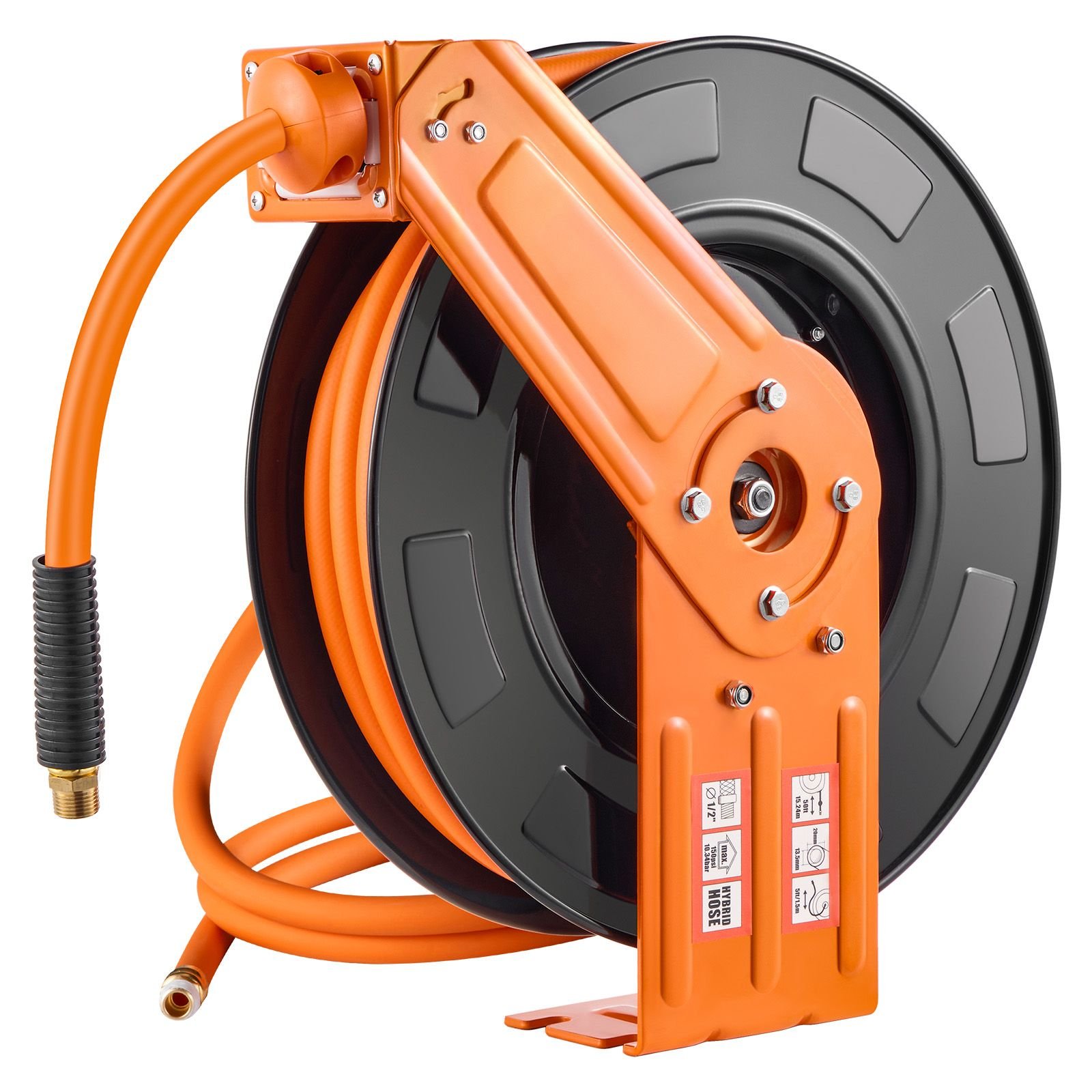 retractable air hose reel, 1/2 in x 50 ft hybrid air hose max 300psi, air compressor hose reel auto rewind with 5ft lead in, ceiling/wall mount heavy duty single arm steel reel, 1/2" npt fitting