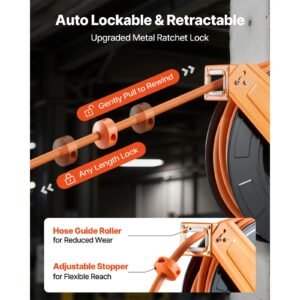 retractable air hose reel, 1/2 inch x 65 ft rubber air hose max 300psi, auto rewind air compressor hoses reel with 5 ft lead in, ceiling/wall mount for garage workshops