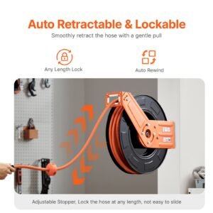 retractable air hose reel, 3/8in x 100ft rubber air hose max 300psi, air compressor hose reel auto rewind with 5ft lead in, ceiling/wall mount heavy duty single arm steel reel, 1/4" npt fitting