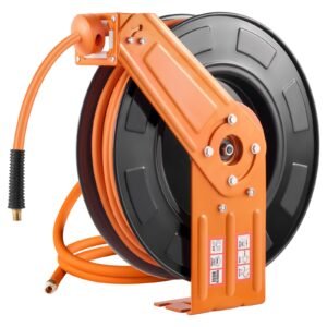 retractable air hose reel, 3/8in x 100ft rubber air hose max 300psi, air compressor hose reel auto rewind with 5ft lead in, ceiling/wall mount heavy duty single arm steel reel, 1/4" npt fitting