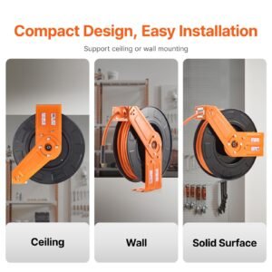 retractable air hose reel, 3/8in x 100ft rubber air hose max 300psi, air compressor hose reel auto rewind with 5ft lead in, ceiling/wall mount heavy duty single arm steel reel, 1/4" npt fitting