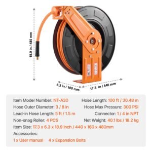 retractable air hose reel, 3/8in x 100ft rubber air hose max 300psi, air compressor hose reel auto rewind with 5ft lead in, ceiling/wall mount heavy duty single arm steel reel, 1/4" npt fitting