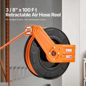 retractable air hose reel, 3/8in x 100ft rubber air hose max 300psi, air compressor hose reel auto rewind with 5ft lead in, ceiling/wall mount heavy duty single arm steel reel, 1/4" npt fitting