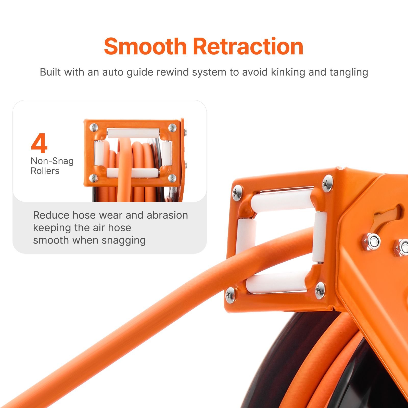 retractable air hose reel, 3/8in x 100ft rubber air hose max 300psi, air compressor hose reel auto rewind with 5ft lead in, ceiling/wall mount heavy duty single arm steel reel, 1/4" npt fitting