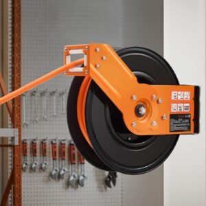 retractable air hose reel, 3/8in x 50ft rubber air hose max 300psi, air compressor hose reel auto rewind with 5ft lead in, ceiling/wall mount heavy duty single arm reel & 180° swivel bracket
