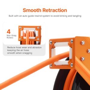 retractable air hose reel, 3/8in x 50ft rubber air hose max 300psi, air compressor hose reel auto rewind with 5ft lead in, ceiling/wall mount heavy duty single arm reel & 180° swivel bracket