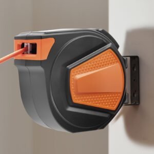 retractable air hose reel, 3/8in x 65ft hybrid air hose max 300psi, air compressor hose reel auto rewind with 6.6 ft lead in, ceiling/wall mount enclosed pp reel & built in 180° swivel bracket