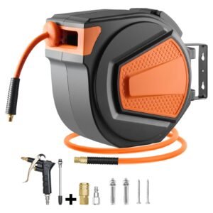 Retractable Air Hose Reel, 3/8IN x 65FT Hybrid Air Hose Max 300PSI, Air Compressor Hose Reel Auto-Rewind with 6.6 FT Lead in, Ceiling/Wall Mount Enclosed PP Reel & Built-in 180° Swivel Bracket