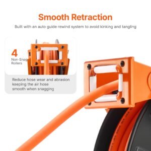 retractable air hose reel with double arms, 3/8 in x 65ft hybrid air hose max 300psi, air compressor hose reel with 5ft lead in, ceiling/wall mount heavy duty steel reel for workshop garage