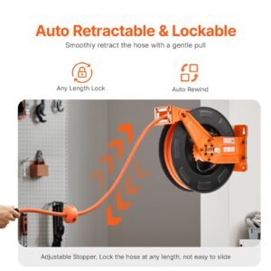 retractable air hose reel with double arms, 3/8 in x 65ft hybrid air hose max 300psi, air compressor hose reel with 5ft lead in, ceiling/wall mount heavy duty steel reel for workshop garage