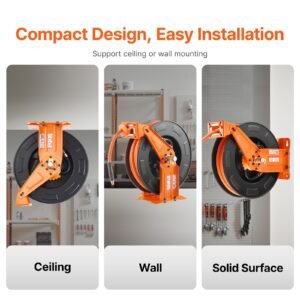 retractable air hose reel with double arms, 3/8 in x 65ft hybrid air hose max 300psi, air compressor hose reel with 5ft lead in, ceiling/wall mount heavy duty steel reel for workshop garage