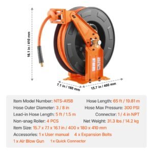 retractable air hose reel with double arms, 3/8 in x 65ft hybrid air hose max 300psi, air compressor hose reel with 5ft lead in, ceiling/wall mount heavy duty steel reel for workshop garage