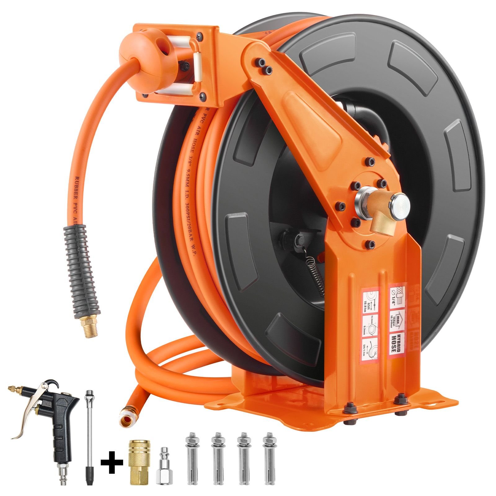 retractable air hose reel with double arms, 3/8 in x 65ft hybrid air hose max 300psi, air compressor hose reel with 5ft lead in, ceiling/wall mount heavy duty steel reel for workshop garage