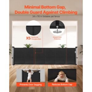 retractable baby gate, 34 inch tall, extends up to 110 inch wide, retractable gate for kids or pets, mesh material, easy to install for indoor stairs, doorways, hallways, playrooms, black