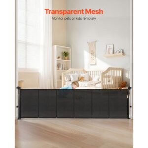 retractable baby gate, 34 inch tall, extends up to 110 inch wide, retractable gate for kids or pets, mesh material, easy to install for indoor stairs, doorways, hallways, playrooms, black