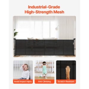 retractable baby gate, 34 inch tall, extends up to 110 inch wide, retractable gate for kids or pets, mesh material, easy to install for indoor stairs, doorways, hallways, playrooms, black