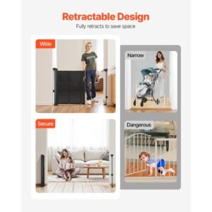 retractable baby gate, 34 inch tall, extends up to 110 inch wide, retractable gate for kids or pets, mesh material, easy to install for indoor stairs, doorways, hallways, playrooms, black
