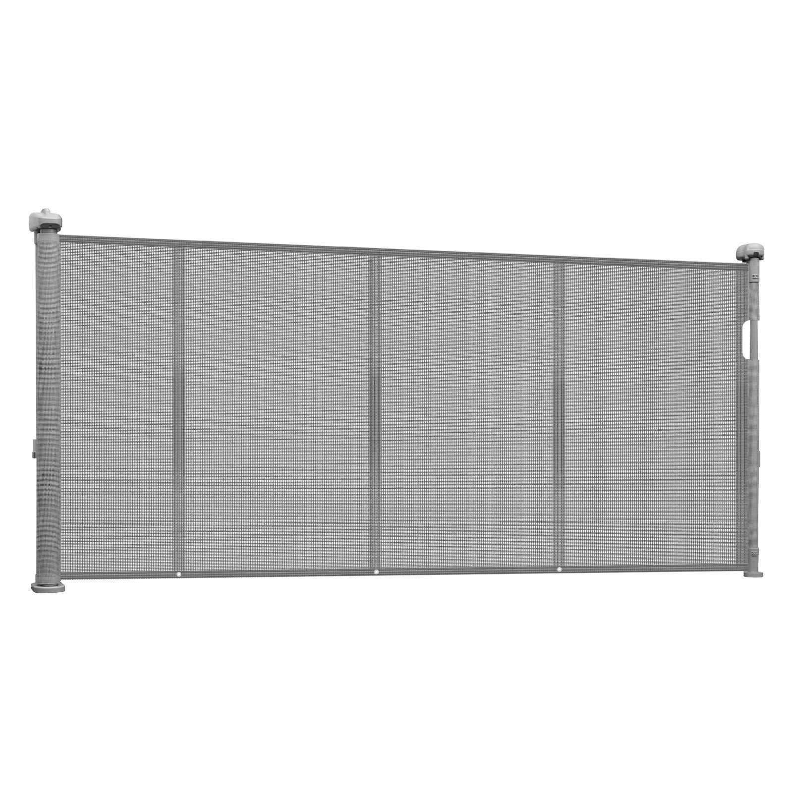retractable baby gate, 34 inch tall, extends up to 110 inch wide, retractable gate for kids or pets, mesh material, easy to install for indoor stairs, doorways, hallways, playrooms, gray