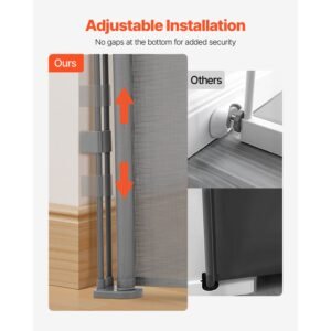 retractable baby gate, 34 inch tall, extends up to 110 inch wide, retractable gate for kids or pets, mesh material, easy to install for indoor stairs, doorways, hallways, playrooms, gray