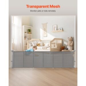 retractable baby gate, 34 inch tall, extends up to 110 inch wide, retractable gate for kids or pets, mesh material, easy to install for indoor stairs, doorways, hallways, playrooms, gray