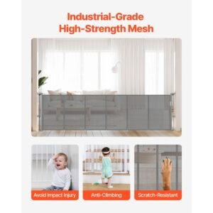 retractable baby gate, 34 inch tall, extends up to 110 inch wide, retractable gate for kids or pets, mesh material, easy to install for indoor stairs, doorways, hallways, playrooms, gray
