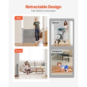 retractable baby gate, 34 inch tall, extends up to 110 inch wide, retractable gate for kids or pets, mesh material, easy to install for indoor stairs, doorways, hallways, playrooms, gray