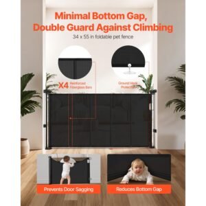 retractable baby gate, 34 inch tall, extends up to 55 inch wide, retractable gate for kids or pets, mesh material, easy to install for indoor stairs, doorways, hallways, playrooms, black