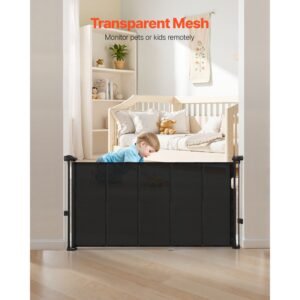 retractable baby gate, 34 inch tall, extends up to 55 inch wide, retractable gate for kids or pets, mesh material, easy to install for indoor stairs, doorways, hallways, playrooms, black