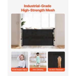 retractable baby gate, 34 inch tall, extends up to 55 inch wide, retractable gate for kids or pets, mesh material, easy to install for indoor stairs, doorways, hallways, playrooms, black