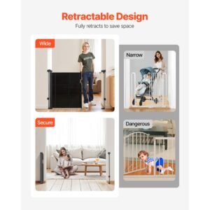 retractable baby gate, 34 inch tall, extends up to 55 inch wide, retractable gate for kids or pets, mesh material, easy to install for indoor stairs, doorways, hallways, playrooms, black