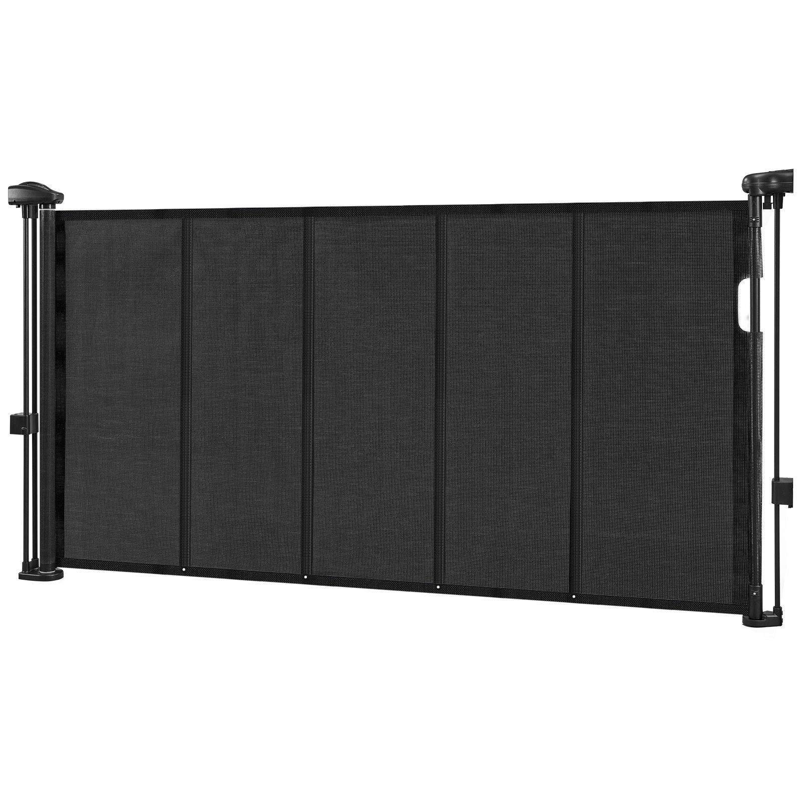 retractable baby gate, 34 inch tall, extends up to 55 inch wide, retractable gate for kids or pets, mesh material, easy to install for indoor stairs, doorways, hallways, playrooms, black