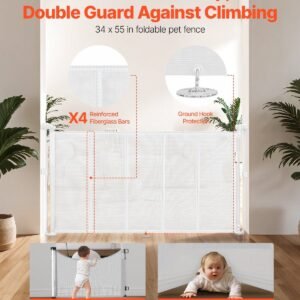 retractable baby gate, 34 inch tall, extends up to 55 inch wide, retractable gate for kids or pets, mesh material, easy to install for indoor stairs, doorways, hallways, playrooms, white