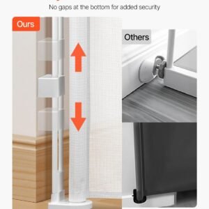 retractable baby gate, 34 inch tall, extends up to 55 inch wide, retractable gate for kids or pets, mesh material, easy to install for indoor stairs, doorways, hallways, playrooms, white