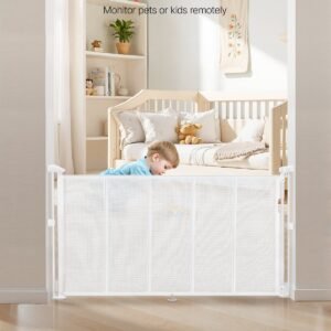 retractable baby gate, 34 inch tall, extends up to 55 inch wide, retractable gate for kids or pets, mesh material, easy to install for indoor stairs, doorways, hallways, playrooms, white