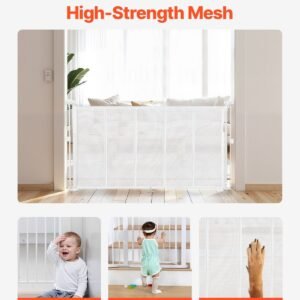 retractable baby gate, 34 inch tall, extends up to 55 inch wide, retractable gate for kids or pets, mesh material, easy to install for indoor stairs, doorways, hallways, playrooms, white