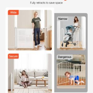 retractable baby gate, 34 inch tall, extends up to 55 inch wide, retractable gate for kids or pets, mesh material, easy to install for indoor stairs, doorways, hallways, playrooms, white
