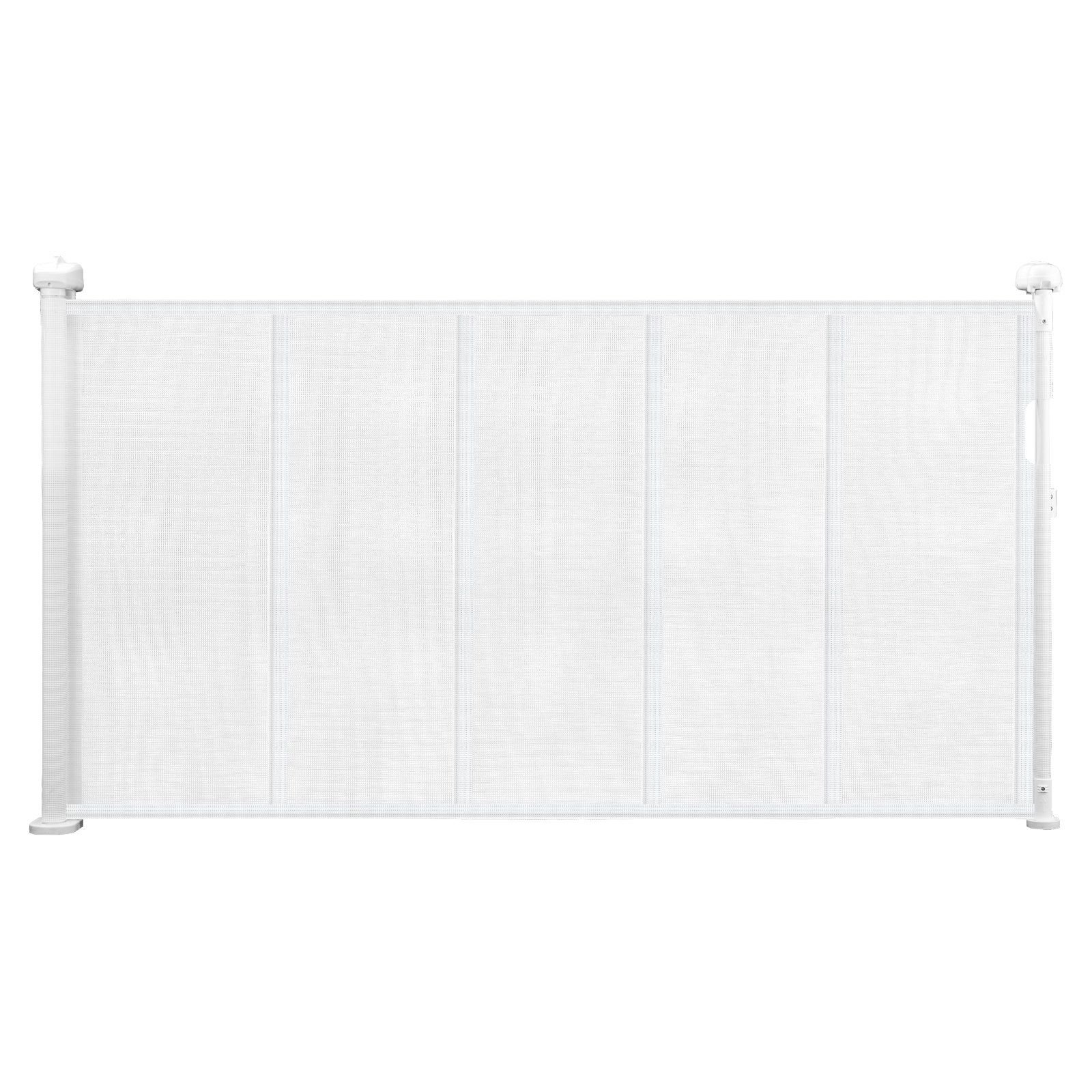 retractable baby gate, 34 inch tall, extends up to 55 inch wide, retractable gate for kids or pets, mesh material, easy to install for indoor stairs, doorways, hallways, playrooms, white