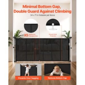 retractable baby gate, 34 inch tall, extends up to 71 inch wide, retractable gate for kids or pets, mesh material, easy to install for indoor stairs, doorways, hallways, playrooms, black