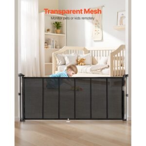 retractable baby gate, 34 inch tall, extends up to 71 inch wide, retractable gate for kids or pets, mesh material, easy to install for indoor stairs, doorways, hallways, playrooms, black