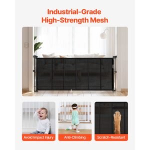 retractable baby gate, 34 inch tall, extends up to 71 inch wide, retractable gate for kids or pets, mesh material, easy to install for indoor stairs, doorways, hallways, playrooms, black