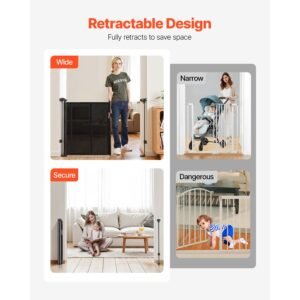retractable baby gate, 34 inch tall, extends up to 71 inch wide, retractable gate for kids or pets, mesh material, easy to install for indoor stairs, doorways, hallways, playrooms, black