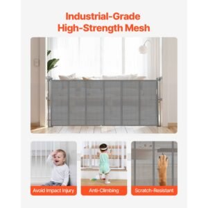 retractable baby gate, 34 inch tall, extends up to 71 inch wide, retractable gate for kids or pets, mesh material, easy to install for indoor stairs, doorways, hallways, playrooms, gray