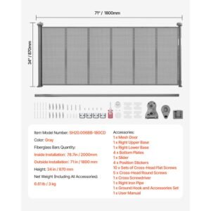 retractable baby gate, 34 inch tall, extends up to 71 inch wide, retractable gate for kids or pets, mesh material, easy to install for indoor stairs, doorways, hallways, playrooms, gray