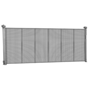 retractable baby gate, 34 inch tall, extends up to 71 inch wide, retractable gate for kids or pets, mesh material, easy to install for indoor stairs, doorways, hallways, playrooms, gray